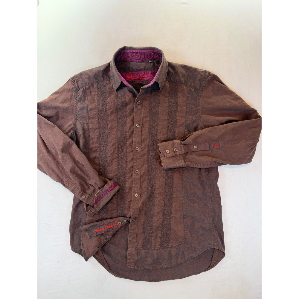 Robert Graham Mens Brown Floral Jacquard Embroidered Button Down Shirt Medium